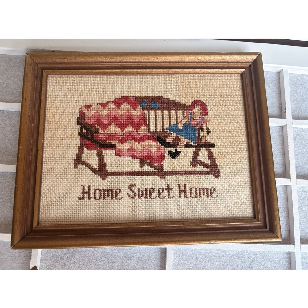 VTG Framed Home Sweet Home Cross Stitched Sampler Small Needlepoint Farmhouse